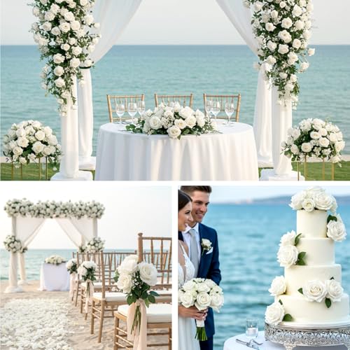 Artificial White Roses Set - 104 Realistic Fake Flowers for Wedding & Decor