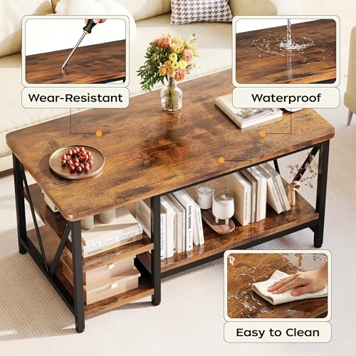 Farmhouse Coffee Table with Storage - 39.3-Inch Rectangular Living Room Table
