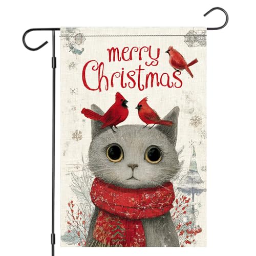 Cmialusie Colorful Christmas Garden Flag 11.81 x 17.72 inch Gray Cat & Red Cardinals Holiday Yard Decor