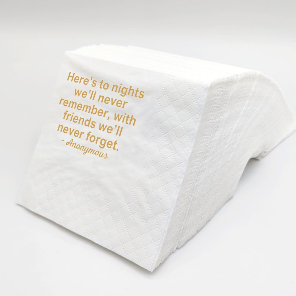 SharkBliss Funny Quotes 100 Pack Here's To Nights We'll Never Remember With Friends We'll Never Forget Cocktail Napkins For Bachelor Birthday Wedding Anniversary 2-Ply, 5x5" (Here's To Nights)