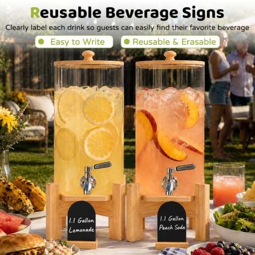 Yellow 1.1 Gallon Glass Drink Dispenser with Wood Stand - Party Beverage Dispenser