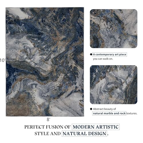 Blue and Gold Abstract Area Rug 8x10 - Washable, Pet-Friendly Living Room Mat