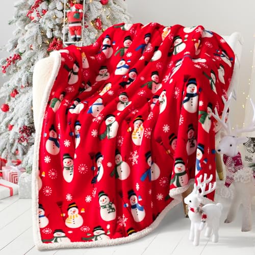 Touchat Sherpa Fleece Throw Blanket 50" x 60" Red Snowman - Cozy Christmas Plug-in