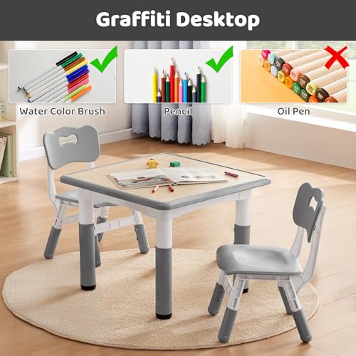 CuFun Kids Adjustable Table & Chair Set - Grey Wood, 23.6" x 23.6" with 2 Chairs for Ages 2-8