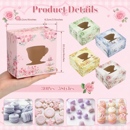 ReliThick 30 Pack Tea Flower Party Cookie Boxes with Window - Floral Design