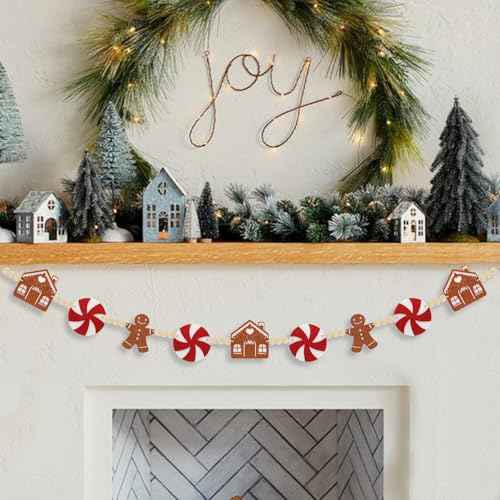 6Ft Christmas Garland - Felt Jinglebread Man & House with Wood Beads - Perfect for Indoor Decorations & Party Supply