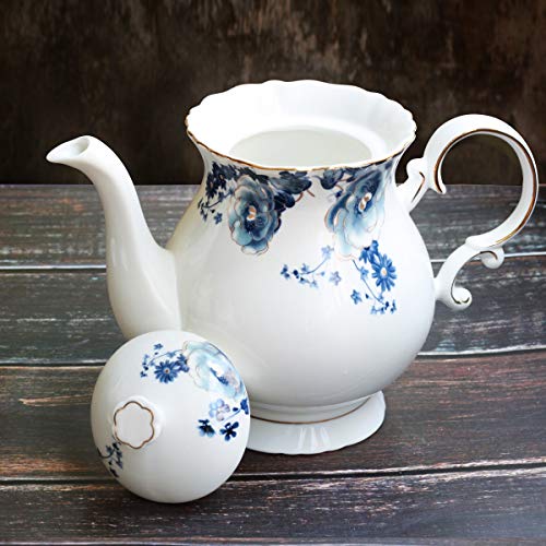 Blue and White European Style Ceramic Flower Teapot - 5.5 Cups Porcelain Water Pot Gift