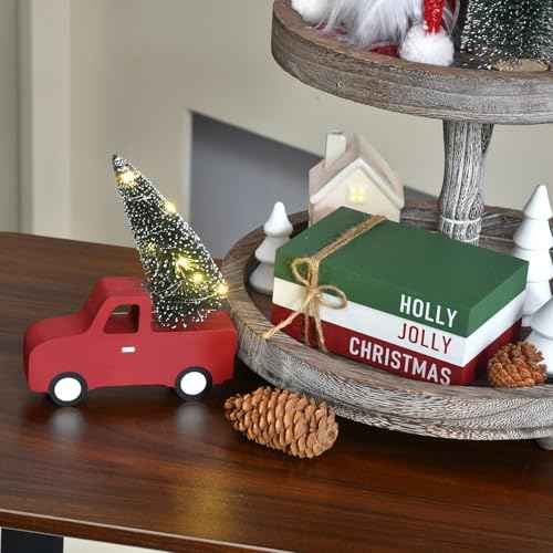 Christmas Decorations for Home, 4pcs Xmas Tiered Tray Decor with Wooden Red Truck, LED Lighted Tree & Book Stack, Rustic Christmas Table Centerpiece for Kitchen, Shelf, Office (4 pcs)