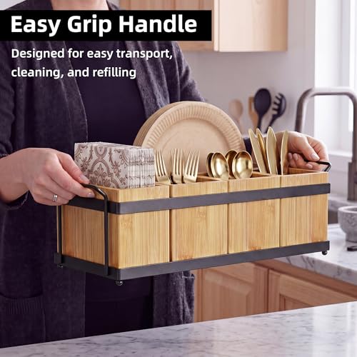 Bamboo Silverware Holder for Parties with 5 Removable Bins - Eco-Friendly Utensil Caddy
