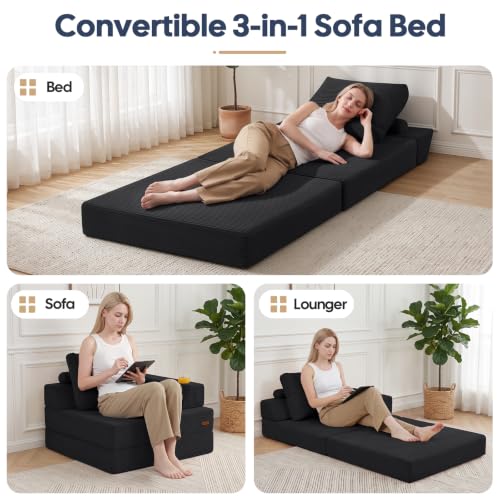 Black COMAX Folding Sofa Bed Chair - Single Floor Couch with Arm and Cup Holder