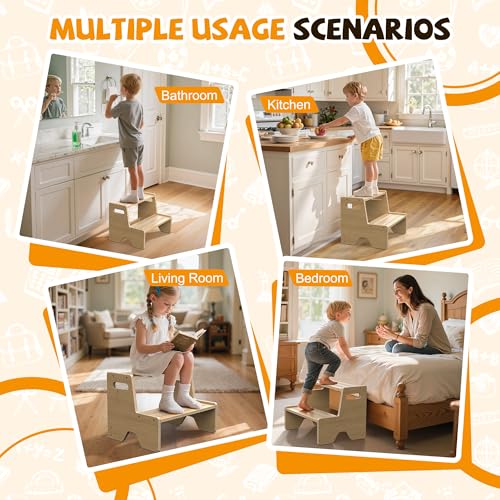 Wooden Toddler Step Stool 2-Pack Anti-Slip Potty Training Aid for Kids - Safe & Portable