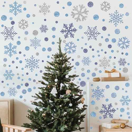 Zhanmai 200 Pcs/ 10 Sheets Christmas Snowflakes Wall Decals Window Clings Blue Silver Snowflake Stickers Peel and Stick Wall Ornament for Winter Removable Christmas Holiday Crafts Supplies