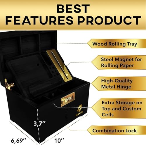 Black Bamboo Storage Box with Organizer Tray & Combination Lock - Large Wooden Container Kit