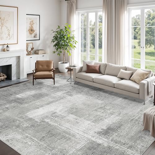 Washable Area Rug 8x10 - Neutral Abstract Grey Rug for Living Room - Non-Slip, Soft, Eco-Friendly