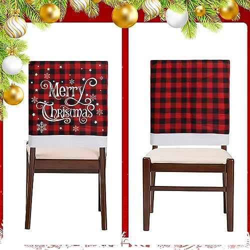 CCINEE 2pcs Christmas Chair Back Covers, Red and Black Buffalo Plaid Chair Slipcovers with Snowflake Xmas Chair Back Cover for Dining Room Kitchen Wedding Hotel Xmas Party Table Decor