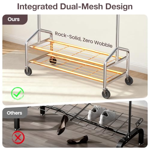 Heavy Duty Clothes Rack Extra Large Silver Load 650 LBS with 2 Shelves & Wheels