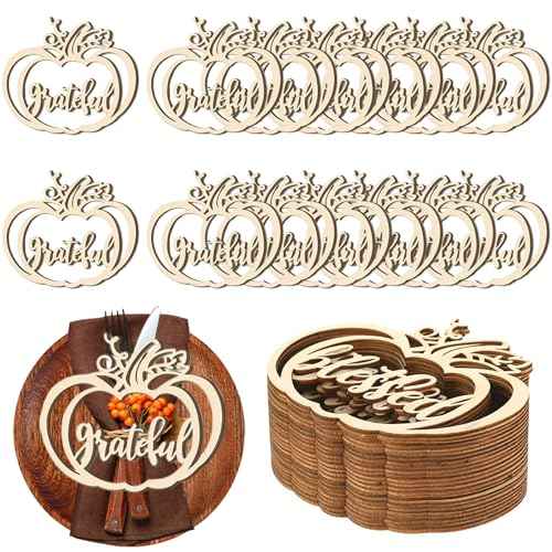 24 Pcs Fall Thanksgiving Pumpkin Wooden Plate Decor Cutouts Thankful Blessed Place Cards Wood Signs Hanging Ornament Table Decorations for Autumn Harvest Home Tabletop Plate Supplies