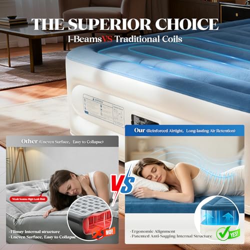 VOSSER Queen Air Mattress Blue 18-Inch Raised with Built-in Pump, 800lb Capacity