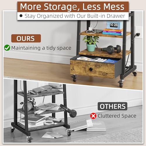 Rolling TV Stand with Wheels & Mount - 15 Inch Rustic Brown with Fabric Drawer - Fits 32-55 Inch TV