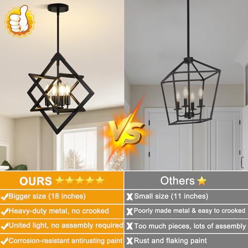 18-Inch Matte Black Modern Chandelier - No Assembly 4-Light Pendant Fixture for Dining & Kitchen