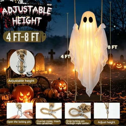 BAICIWE Outdoor Halloween Hanging Ghost Decor 4-8FT, White Remote Light