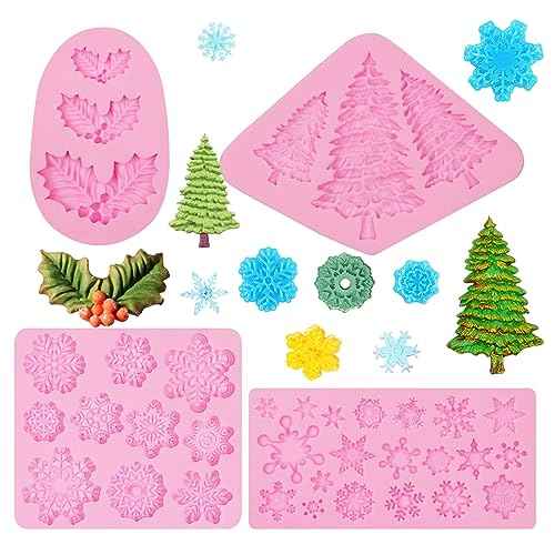 Mini Snowflakes Silicone Molds, 4 Packs Holly Leaf Christmas Trees Fondant Molds for Christmas Cake Decoration Cupcake Topper Soap Candy Chocolate Sugar Clay