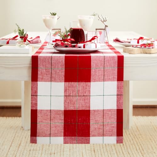 Very Merry Plaid Linen Table Runner 14x120 Inches - Handmade, Eco-Friendly, Formal Dining Decor