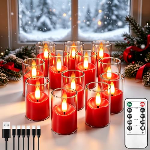 CYVONUS Red Melt Edge Flameless Tea Lights with Timer & Remote - 12 Pack