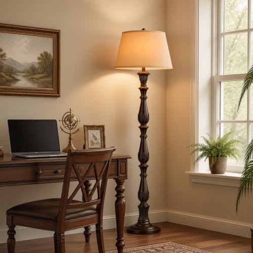 Dark Brown Vintage Floor Lamp with Linen Shade - Antique Tall Standing Lamp for Living Room & Bedroom