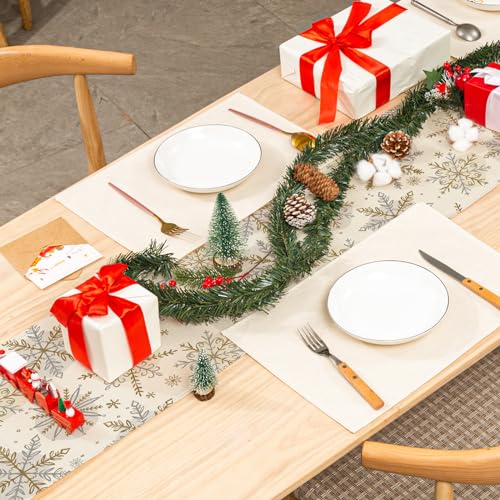 Christmas Winter Table Runner - Gold Silver Snowflake Decor 13x72 Inch