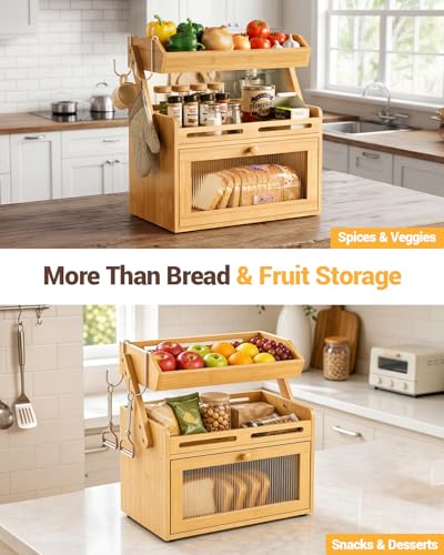 Bamboo Bread Box with Fruit Basket - Kitchen Countertop Organizer