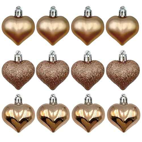 12pcs Heart Ornaments for Christmas Decorations, Multi Finish Champagne Heart Shaped Hanging Ornaments for Christmas Tree Valentine's Day Decor Wedding Mother's Day New Year Party Decorations