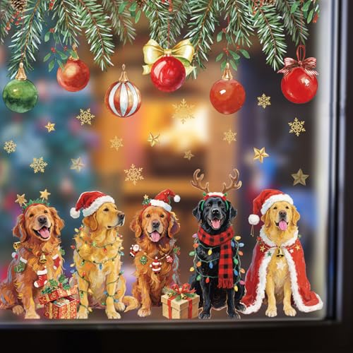 Christmas Window Clings Xmas Puppy Theme Reusable Window Decals for Holiday Home School Office Glass Decor, 2 Sheets