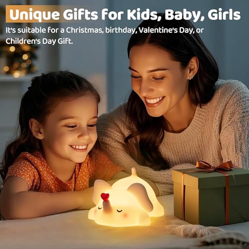 Luditek Sweet Heart Elephant Night Light, 3 Levels Brightness Silicone Rechargeable Touch Nursery Lamp, Decor for Bedroom Home Bedside, Elephant Gifts for Women Kids Baby Girls Birthday Mothers Day