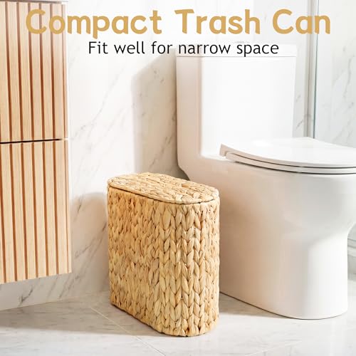 Brown Wicker Trash Can with Lid - Narrow Water Hyacinth Waste Basket for Bathroom, Bedroom, Office, Small Spaces