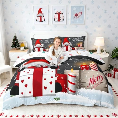 Twin Santa Gnomes Xmas Bedding Set - 2pc Duvet Cover & Pillow Sham, Erosebridal, Color 01