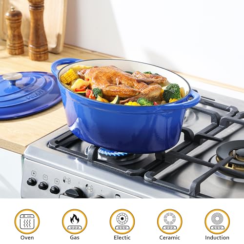 Velaze Blue 7.5QT Oval Enameled Cast Iron Dutch Oven with Lid