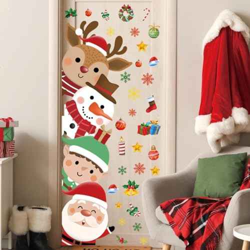 44.88 x 15.75 Inch Christmas Door Decals Christmas Santa Claus Elk Snowman Door Sticker Decor for Holiday Christmas Kids Baby Nursery Playroom Bedroom Classroom Kindergarten Holiday Wall Decor