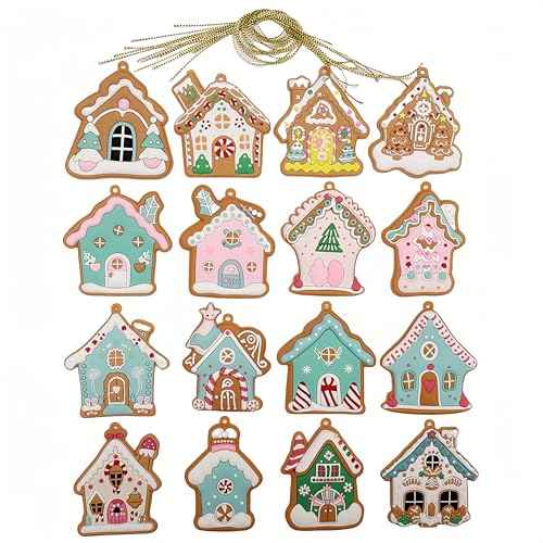 Soft Gingerbread House Ornaments - 16pcs Fake Christmas Cookies, Cute Gingerbread Man Figurines with Cord for Xmas Tree