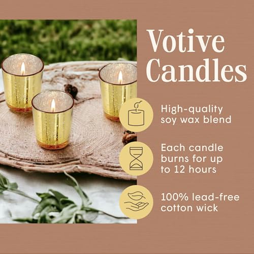 Mister Candle Gold Set of 12 Pine Scented Holiday Votive Candles with Essential Oils, 15 Hr Burn Time