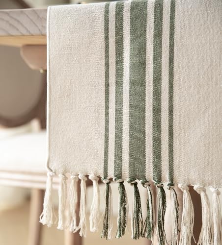 Caflife Green Beige Boho Table Runner 13x90 Inch with Handcrafted Tassels, Farmhouse Decor