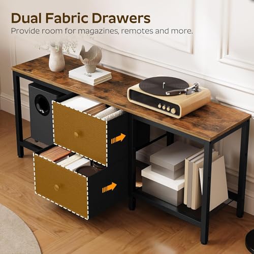 YATINEY TV Stand for 55-Inch TVs with 2 Fabric Drawers Rustic Brown & Black DS02BR
