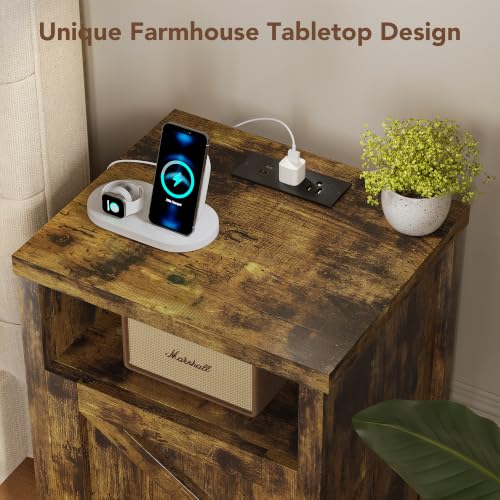 MXV Nightstand Set of 2 with Charging Station - Farmhouse End Tables with Storage