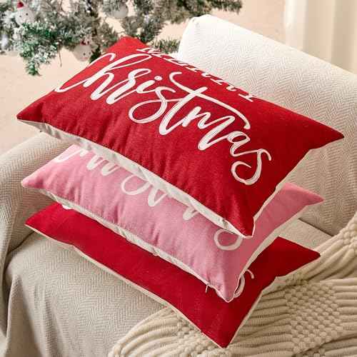 DFXSZ Christmas Pillow Cover 12x20 Merry Christmas Decor Pink Throw Lumbar Pillow Cover Decorations Christmas Tree Holiday Decor Case for Home Couch YZT102B12
