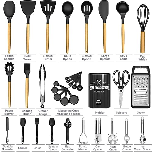 Silicone Kitchen Utensil Set with Holder - 34PCS Cooking Tools - Black