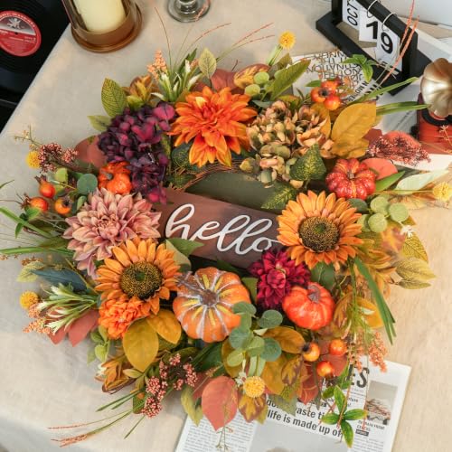 Pumpkin Fall Wreath for Front Door 24 Inch Autumn Decor Sunflowers & Pumpkins