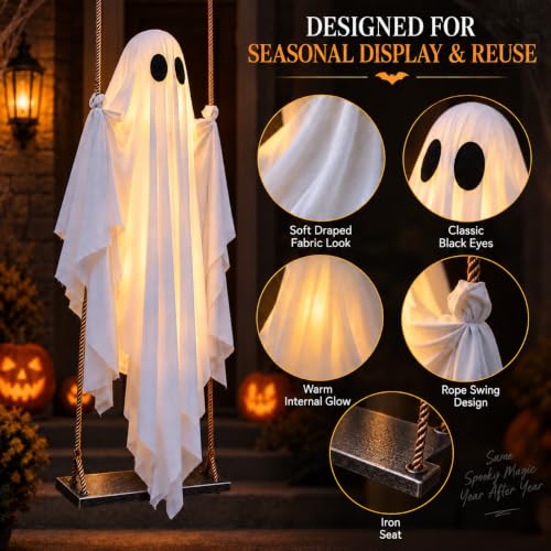 Halloween Outdoor Swinging Ghost with Lights - 5 FT Light Up Ghost Porch Decor with Remote String Lights - Halloween Yard & Entryway Decoration