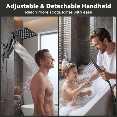 MakeFit Matte Black 12'' Rainfall Shower Head with Handheld Filter & Hidden Detachable Wand