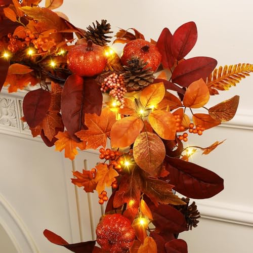 9ft Fall Garland with Lights & Timer for Mantle Decor