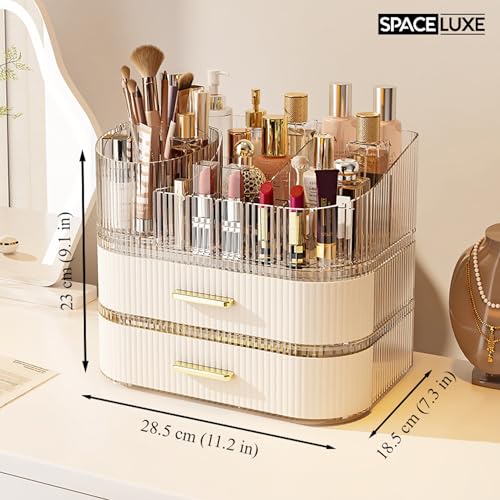 Large Makeup Organizer with Drawers, 360° Rotating Brush Holder